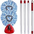 ANREKEYH Spin Mop Head, Base, Handle Replacement for O-ceda EasyWring RinseClean Microfiber Spin Mop, 2 Microfiber Mop Refills, 1 Triangle Mop Head Cover and 30-58in Mop Handle (Blue (2-Tank System))