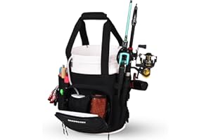 Boomistry Fishing Bucket Organizer for 5 Gallon Bucket Accessories, Fishing Tackle Bag with Adjustable Buckle, Fishing Rod Bag with 15 Multi-Pockets for Fishing Gear and Equipment (Black)