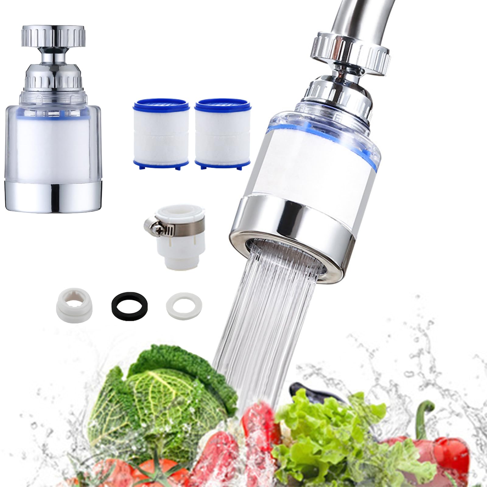360° Rotating Faucet Mount Filter, Tap Water Purifier, Remove Chlorine Heavy Metal Hard Water Softener Water Faucet Filter for Sink Kitchen Bathroom+2 Filter Elements+Universal Adapter