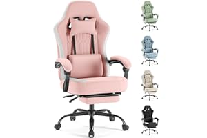 Sweetcrispy Computer Gaming Chair - High Back Ergonomic Desk Chair with Footrest and Lumbar Support, Height Adjustable Task Chair with Linkage Armrests and Headrest, 360° Swivel Wheels, Pink