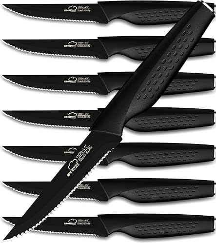 Dining & Entertaining - Amorston Steak Knives, Steak Knives Set of 8, Stainless Steel Steak Knife Set, Serrated Knives Dishwasher Safe, Elegant Black