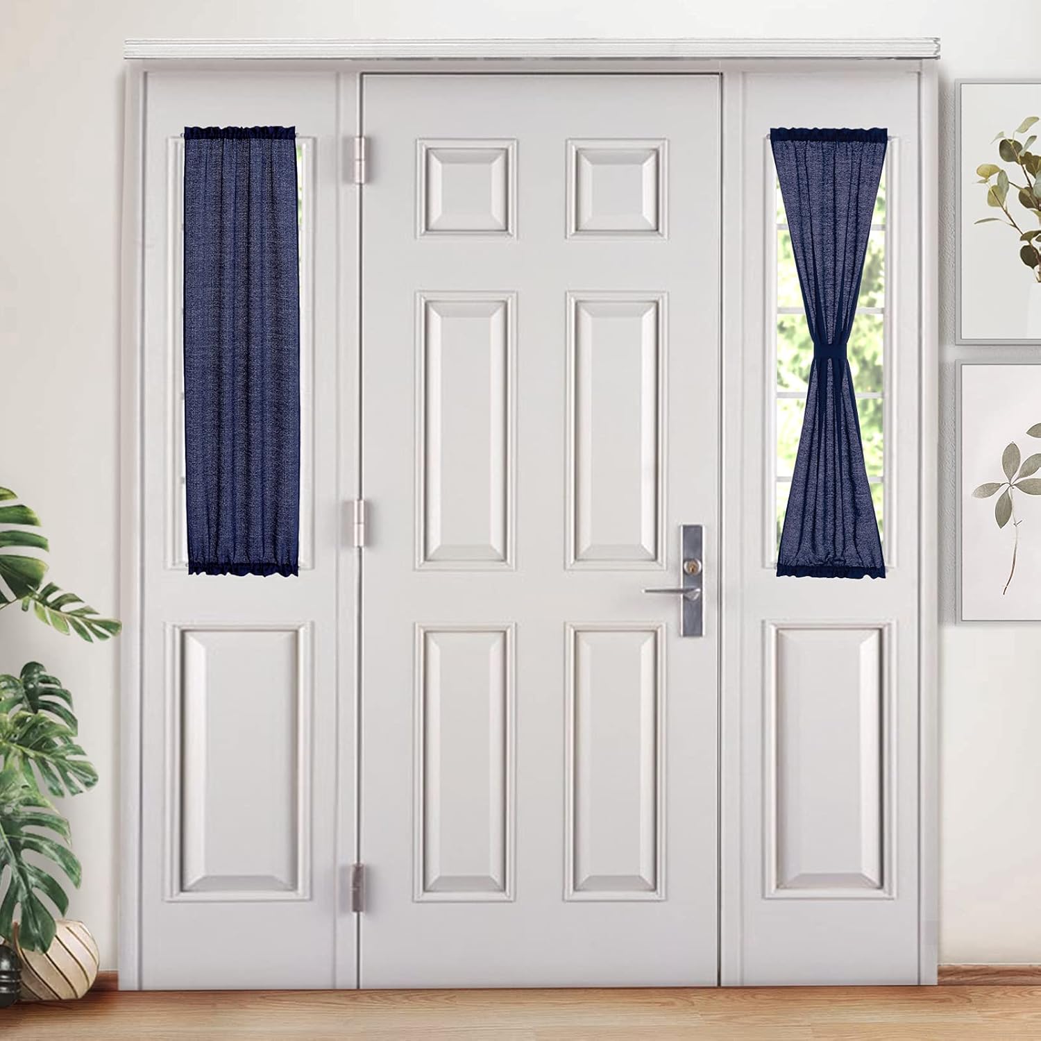 Outdoor Curtains - Melodieux Navy Semi Sheer French Door Sidelight Curtains 40 Inches Long, Linen Look Front Door Voile Drapes Patio Sliding Glass Door, 25 by 40 Inch, 2 Panels