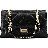 M-ioi-M Large Quilted Leather Shoulder Bag for Women, Oversize Double Gold Chain Strap Tote Bag, Classic Briefcase Flap Purse