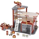 Freniland Wooden Fire Station Playset, 4-Level Pretend Play Firehouse with Fire Truck, Helicopter, Figures &amp; Accessories, Educational Role Play Toy for Toddlers Kids Age 3+