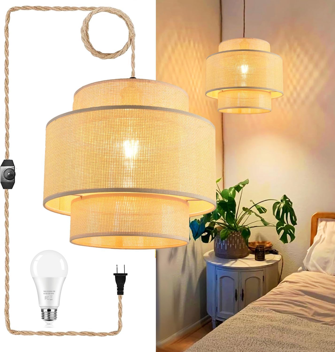 Photo 1 of QIYIZM Plug in Pendant Light Hanging Lights with Plug in Cord Hanging Lamp Rattan Boho Dimmable,Wicker Bamboo Woven Lamp Shade, Plug in Ceiling Light Fixture for Farmhouse Living Room Bedroom Kitchen