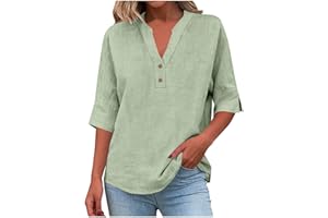Women's Henley Shirts Half Sleeve Casual Tops Cotton Linen Solid Blouses Loose Fit Lightweight Tunics
