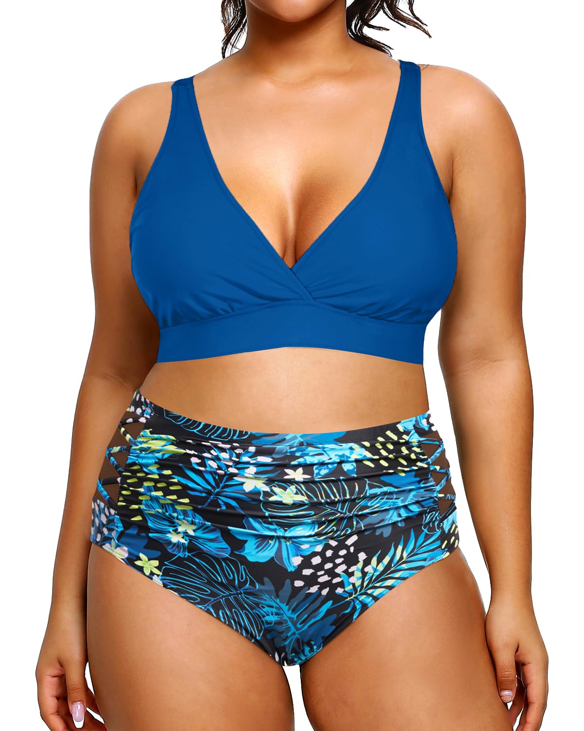 Photo 1 of * ONLY TOP** Yonique Womens Plus Size Bikini High Waisted Swimsuits Two Piece Bathing Suits Tummy Control Swimwear Blue Floral 16Plus