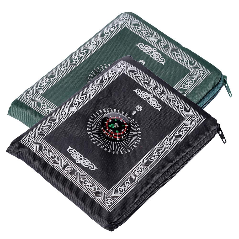 Hitopin 2 Pieces Travel Prayer Mat with Compass, 60cm×100cm Portable Polyester Prayer Rug, Islamic Waterproof Prayer Mat, for Ramadan Gifts, Islamic Prayer (Green, Black)