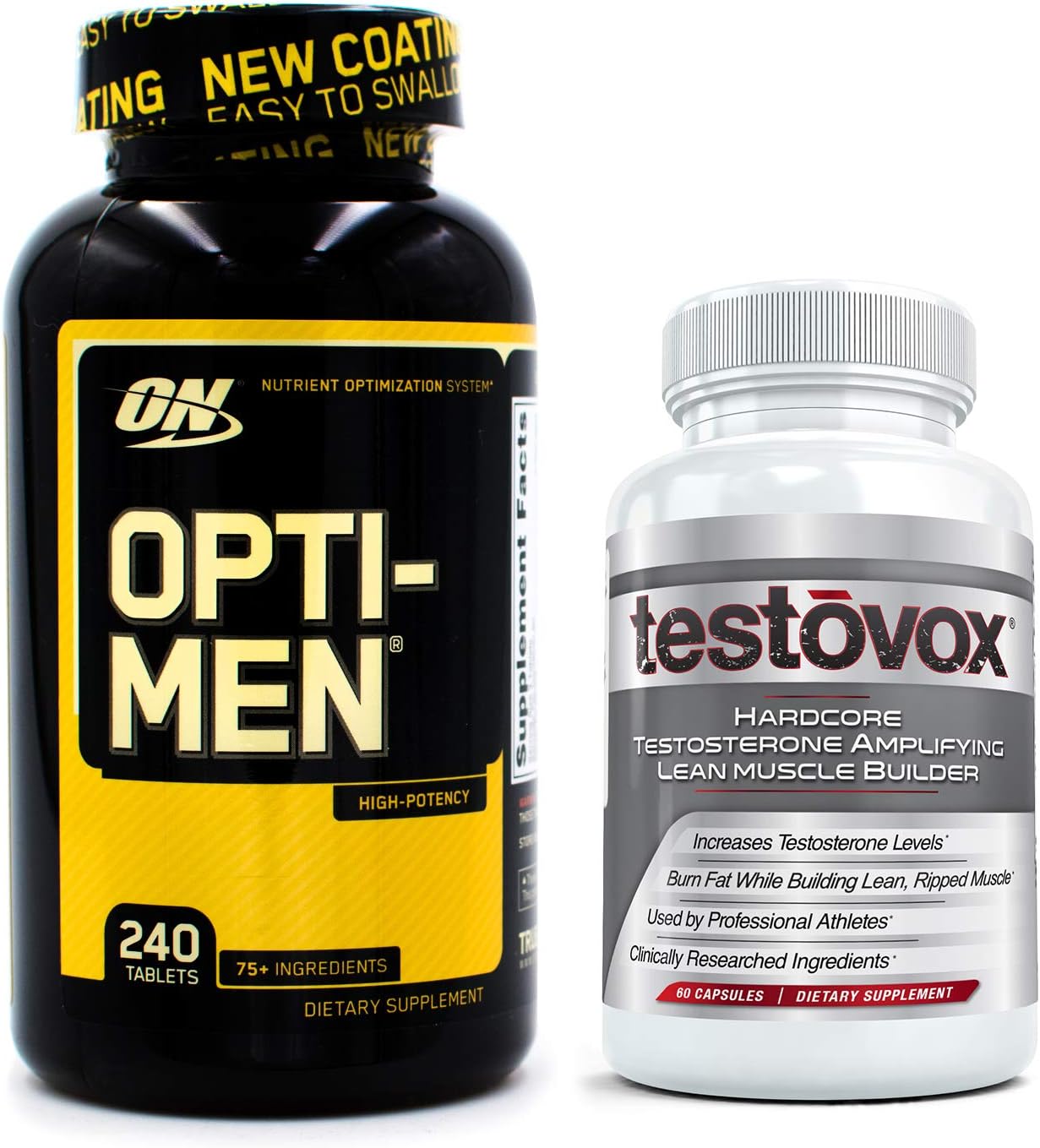 Opti-Men Multivitamin and Testovox: The Ultimate Stack for Men | Optimum Nutrition Daily Vitamin Bundled with Testosterone Boosting, Muscle Building Supplement (Opti-Men 240 tabs + Testovox 60 caps)
