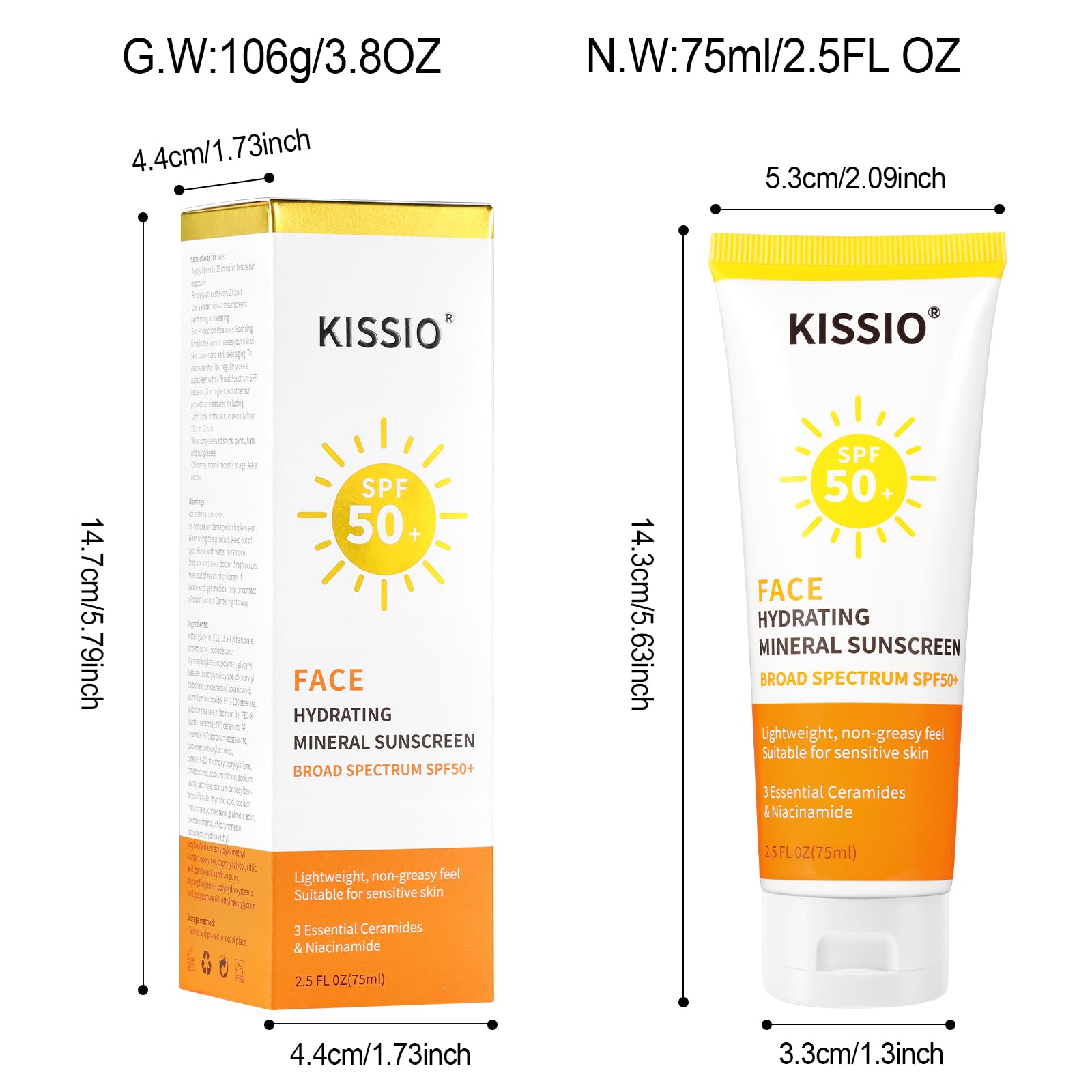 KISSIO Sunscreen For Face,with Zinc Oxide and Titanium Dioxide,Broad Spectrum Sunscreen,SPF 50,Hydrating Mineral Sunscreen,Non-greasy,Suitable For Sensitive Skin,2.5 FL OZ