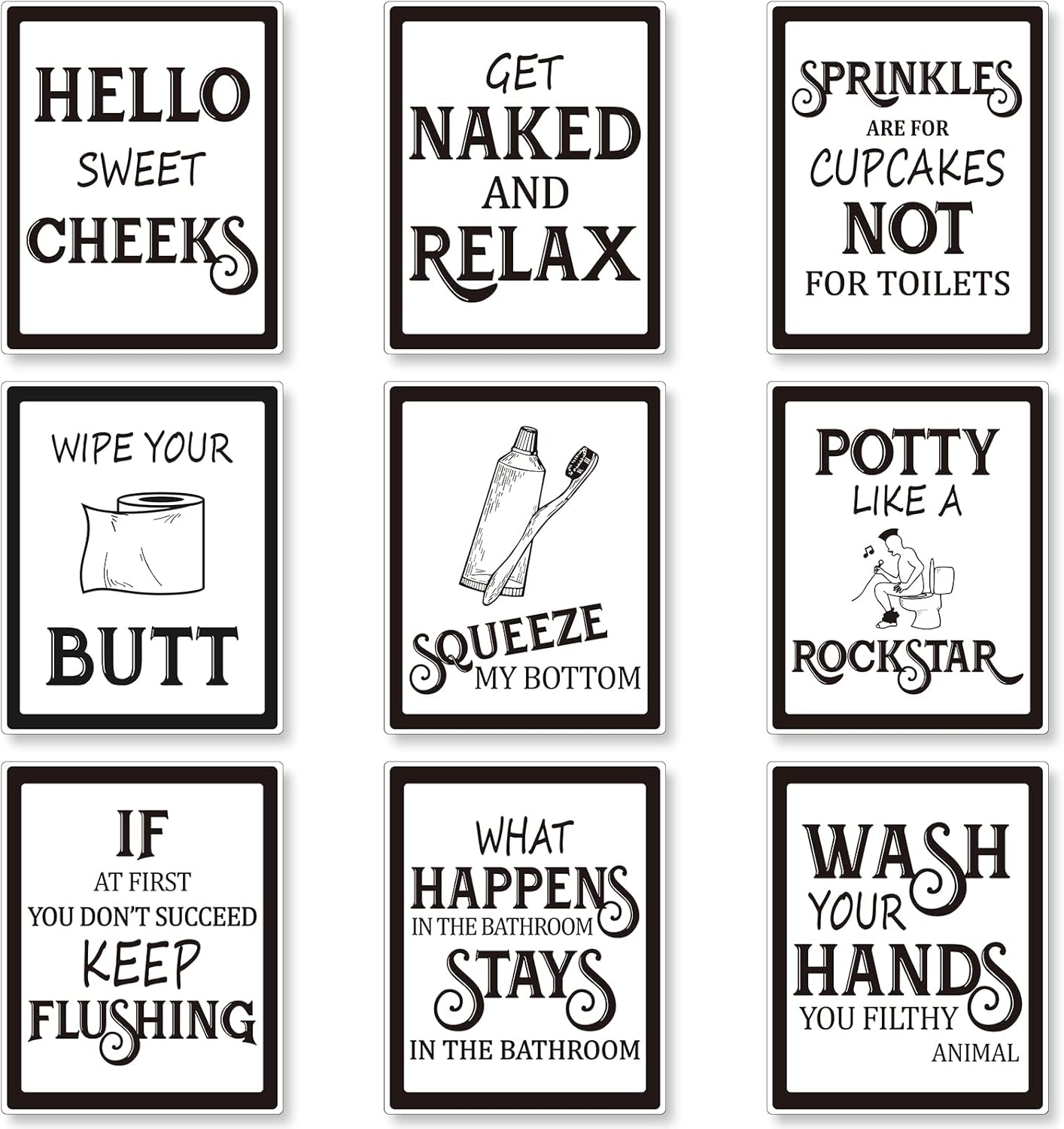 Wall Décor - 9 Pieces Bathroom Wall Decor, Funny Vintage Bathroom Sign Bathroom Quotes Sayings Art Prints Bathroom Posters for Wall Restroom Bathroom Decor Pictures, Unframed (Black Font)