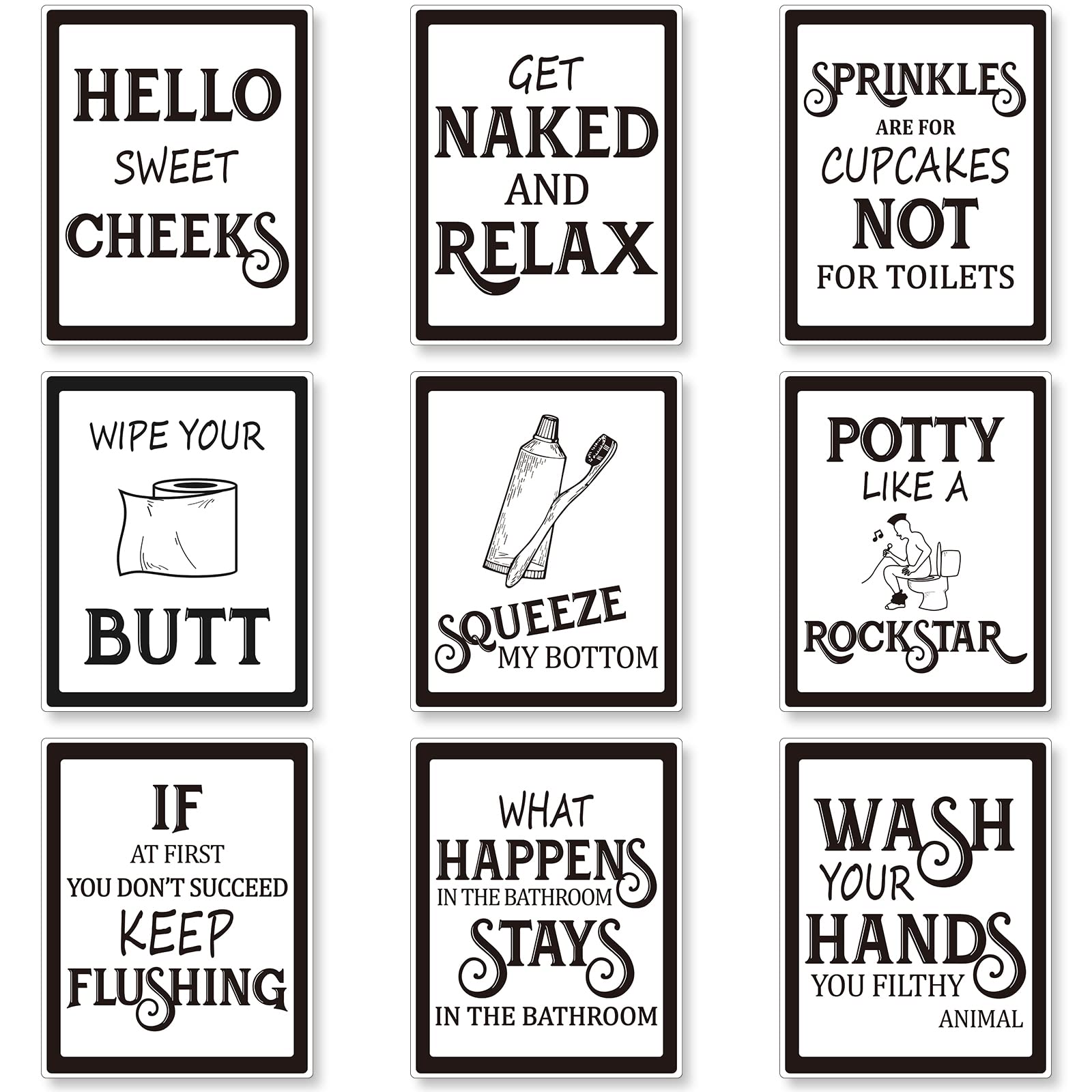 Zonon 9 Pieces Bathroom Wall Decor, Funny Vintage Bathroom Signs Washroom Quotes Sayings Art Prints Washroom Posters for Wall Restroom Toilet Decoration Pictures, Unframed(Black Font)