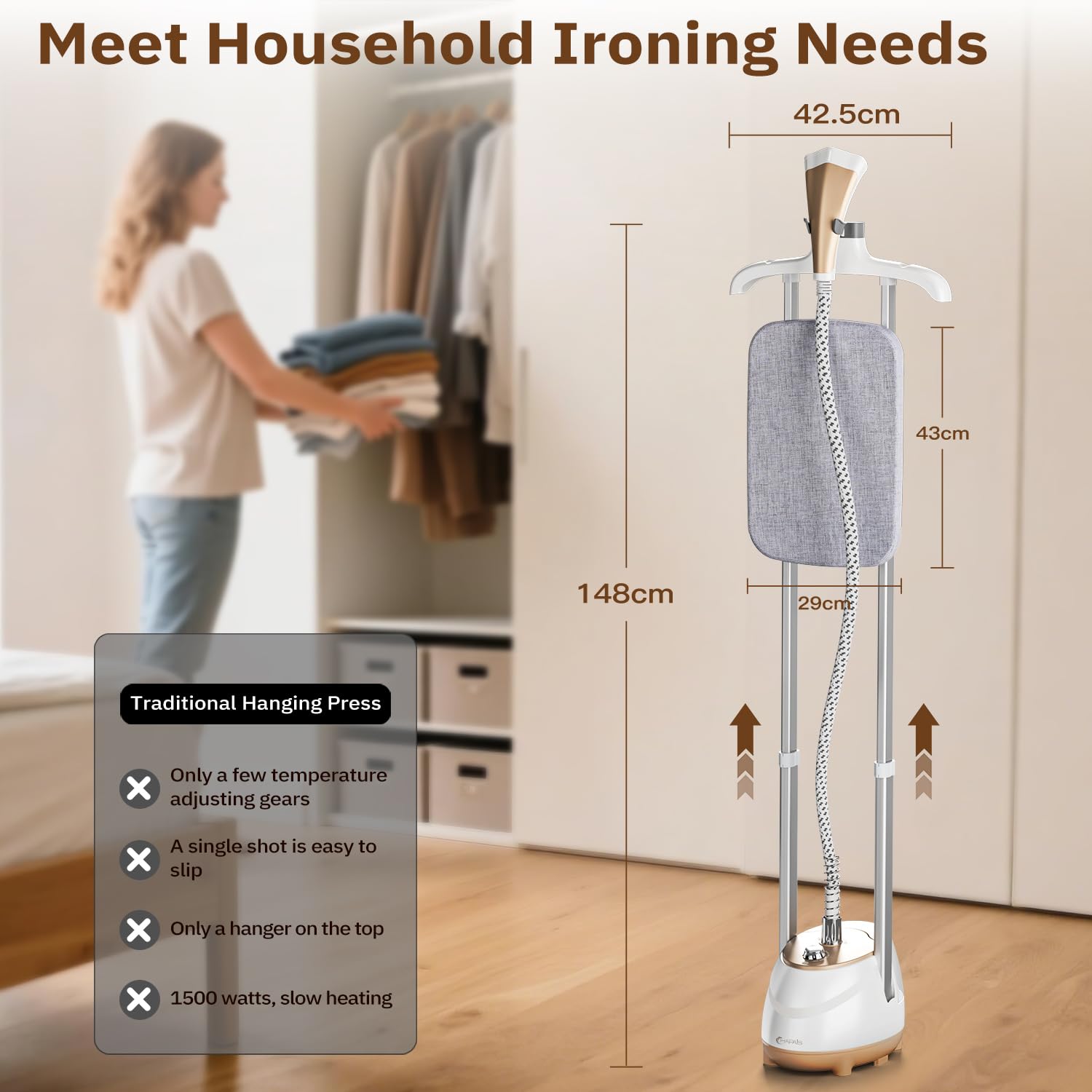 Steamer for Clothes,1800W Standing Garment Steamer with Adjustable Double Rod,Flat and Hanging Ironing,Clothes Steamers with 10 Ironing Modes,30s Fast Heat-up