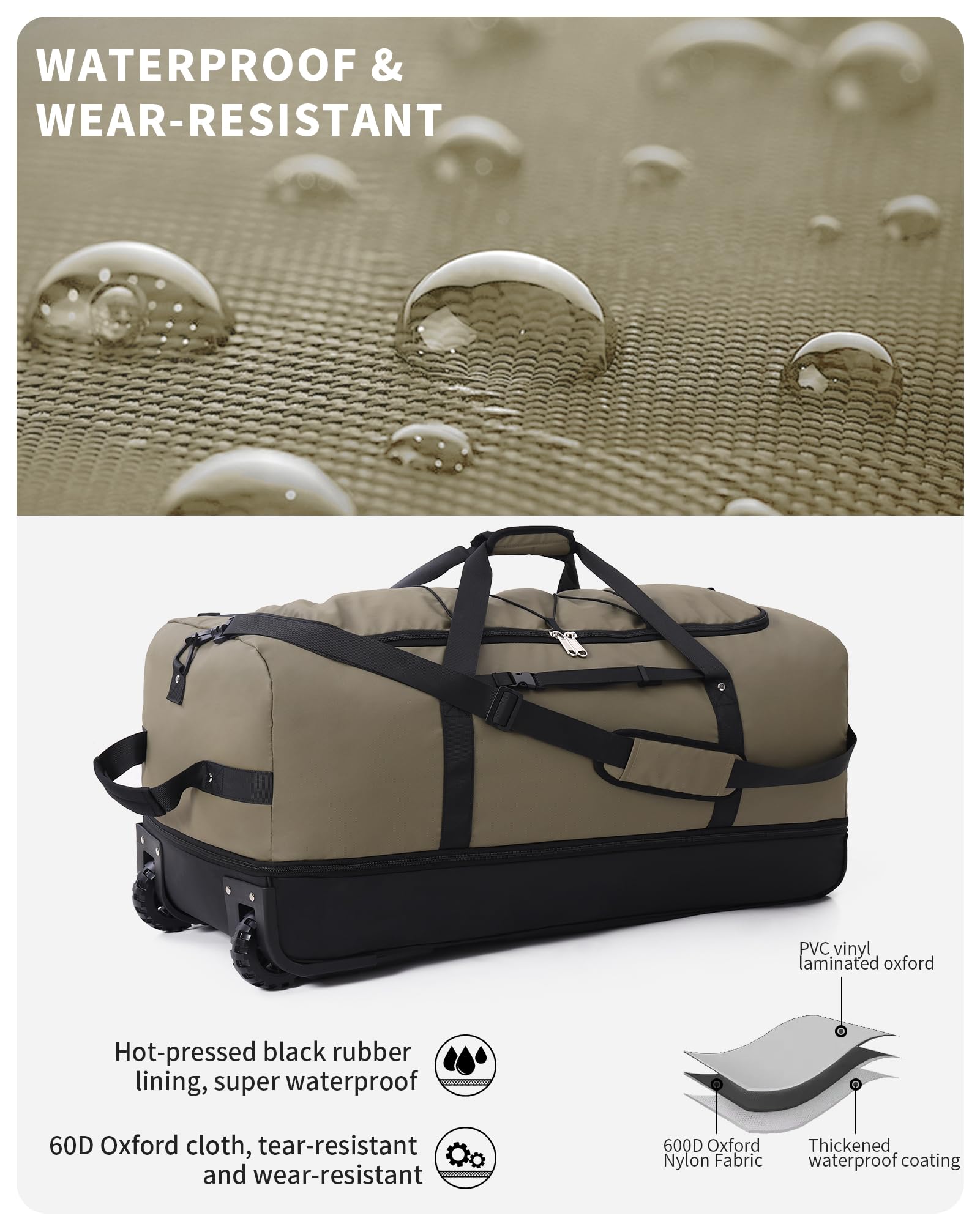 CONTAIL 32”110L Expandable 140L Rolling Duffle Bag with 2 Inline Wheels,Convertible Weekend Travel Bag with Bungee-Cord System,Army Green