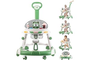 GODMY Baby Walker, 4-in-1 Foldable Baby Walkers and Baby Activity Center with Toys Tray,3-Gear Height Adjustable Infant Toddler Baby Walker with Wheels for Baby Boys and Girls 6-24 Months(Green)