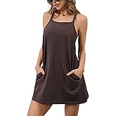 Faleave Women's Summer Sleeveless Mini Athletic Dress Built-in Shorts Square Neck Spaghetti Straps Sundress with Pockets