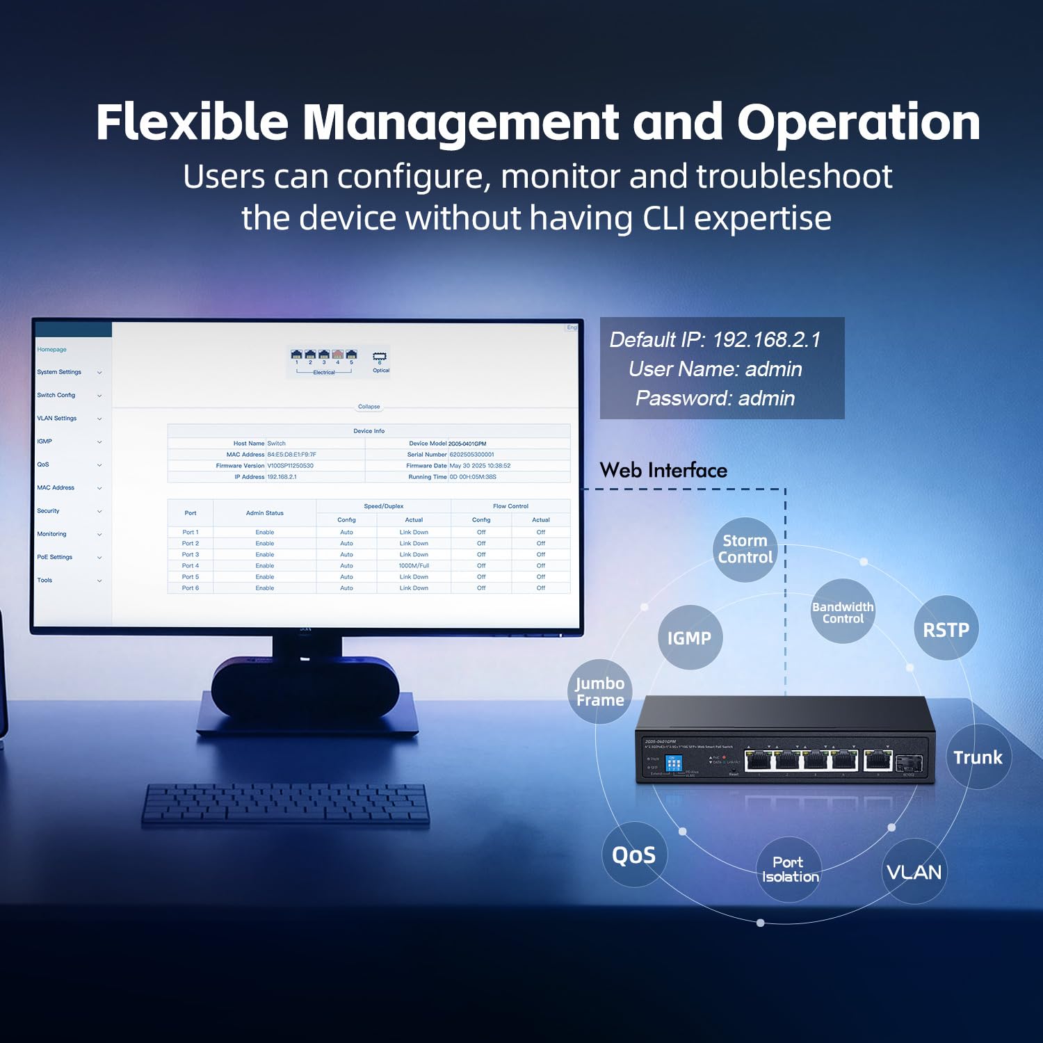 6-Port-2,5G-PoE-Managed-Switch, 10G-SFP+-Steckplatz, IEEE802.3af/at 100W, unterstützt Trunk/LACP/VLAN/QOS/Extender/Watchdog, Metall-Multi-Gigabit-Desktop-/Wandmontage-Netzwerkswitch 6
