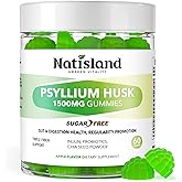 NATISLAND Psyllium Husk Gummies, 1500mg Psyllium Husk Fiber Supplement with Probiotics, Inulin, Chia Seed Powder for Gut & Digestive Health, Regularity, Vegan, Sugar Free, 60 Chewable
