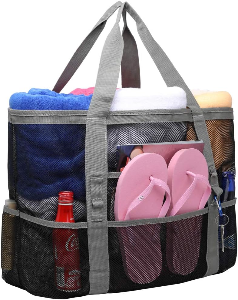 Mesh Beach Bag, BuyAgain Large Beach Tote Bag for Beach Picnic Toys Vacation,Black with gray straps