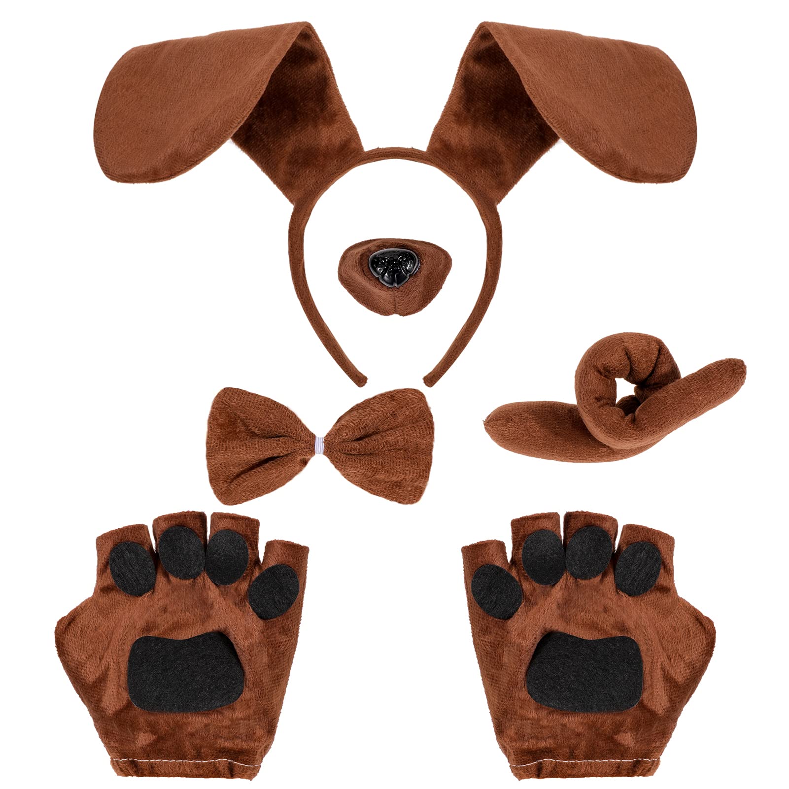 5 Pieces Puppy Dog Costume Set,Animal Costume Accessories Dog Ears Headband Bow Tie Tail Fake Nose Puppy Paw Gloves Dog Fancy Dress Halloween Cosplay Party