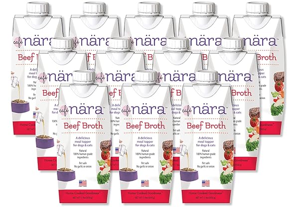 CAFÉ NARA GRAIN-FREE BEEF BONE BROTH WET FOOD TOPPER FOR DOGS & CATS – 100% NATURAL, HEALTHY HYDRATION – 1.1 LBS (PACK OF 12)