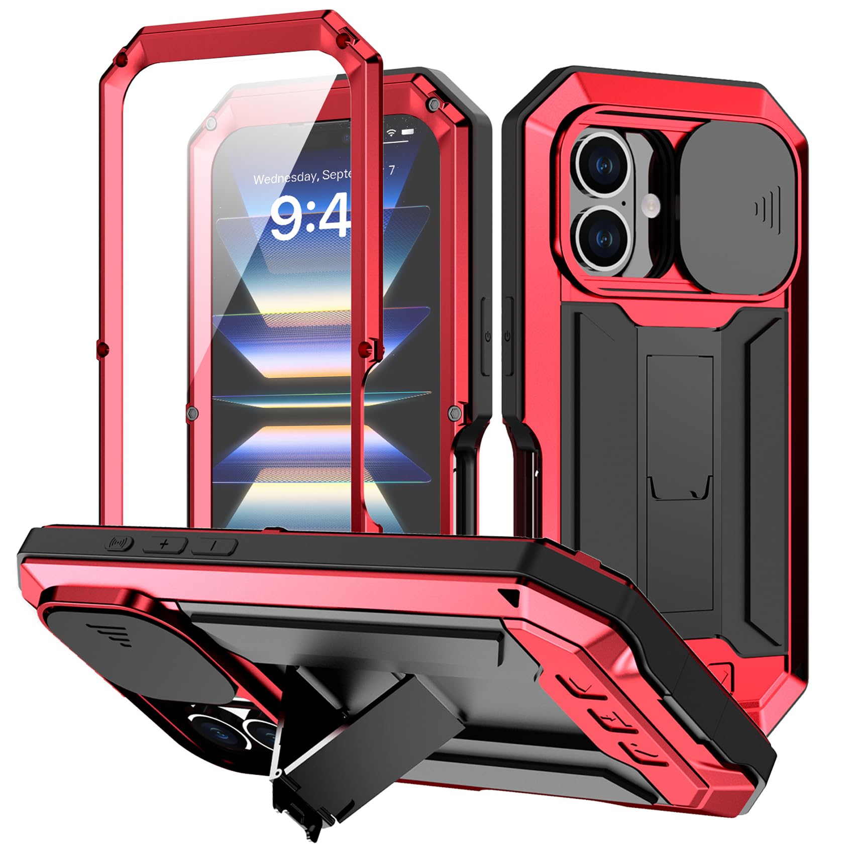 ANROD for iPhone 16 Shockproof Case, Hard Case Aluminum Metal Gorilla Glass Military Heavy Duty Sturdy Protector Cover for iPhone 16, with Lens Protection Cover (Red)