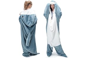 Touchat Shark Blanket Onesie for Adult Super Soft Cozy Flannel Throw Wearable Blankets Hoodie, Cartoon Animals, Sleeping Bag Cosplay Shark Costume Blanket Gifts for Sharks Lovers (Blue,M)