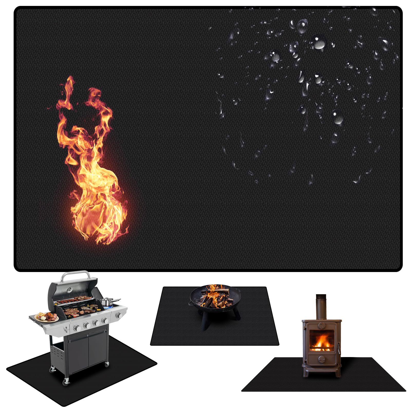 PELLOR Fire Pit Mat 1800℉ Heat Proof 100 * 150 cm Thicken Protective Fireplace Mat for Decking, Grass, BBQ, Grill, Floor, Patio, Backyard, Camping