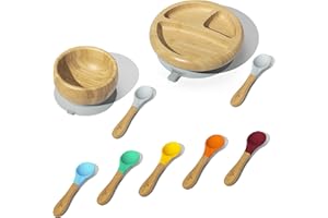 Avanchy Bamboo Baby Bowl Set - Gray, 4 Pieces, BPA Free, Suction Cup Base, Easy Cleanup