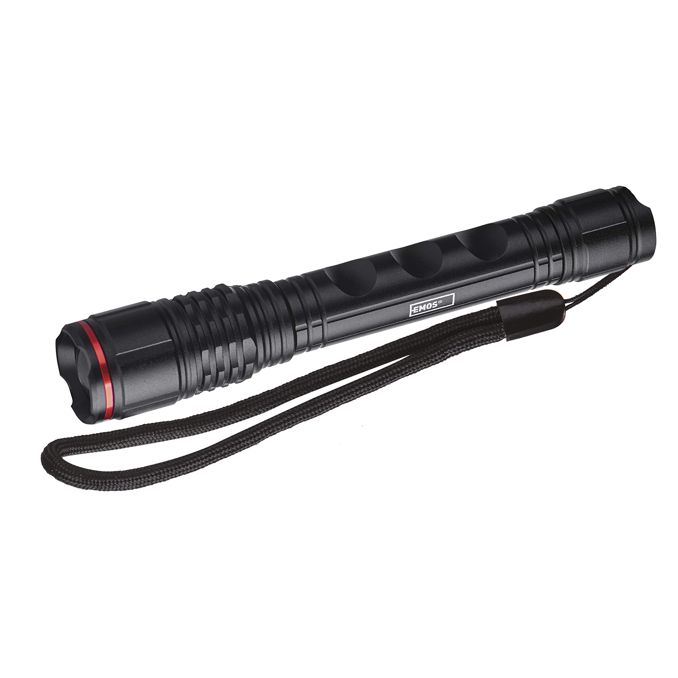 EMOS Ultra-Light LED Metal Torch with Hand Strap, IP44 Waterproof and Shockproof Torch with Focus, Brightness 120 lm, Light Range 90 m, Running time 7 Hours, Aluminium, Battery Operated