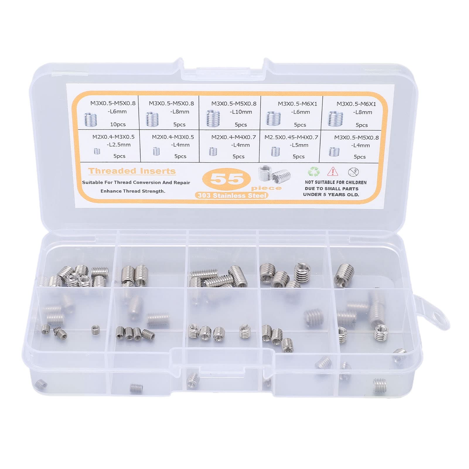 55Pcs Insert Nut, Threaded M2 M2.5 M3 Stainless Steel Fastener Assortment for Repair for Wood Hardwoods Plywood Softwoods
