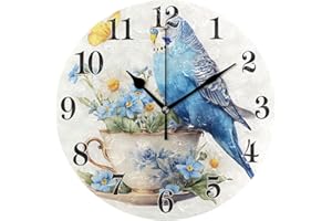 Xmycdz Clock Blue Budgie Wall Clock Silent Non Ticking Round Clock Easy to Read Battery Operated for Living Room Bedroom Deco