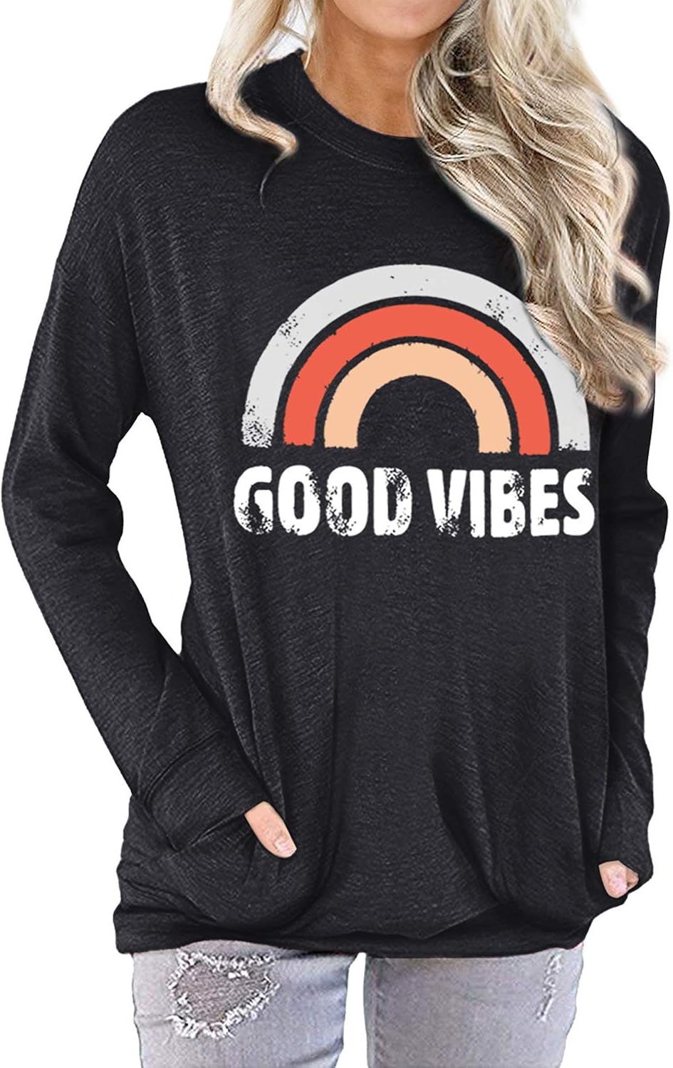 Nlife Women Good Vibes Blouse Hoodies Long Sleeve Casual Tank Tops Graphic Tee Shirt Sweaters for Women