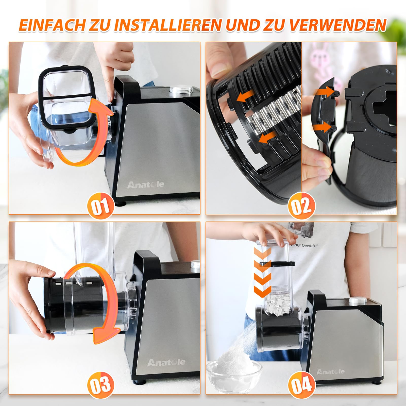 Anatole Gemüseschneider Elektrisch Ice Crusher 7 Klingen Gemüsehobel Eisrasierer Edelstahl 250W Großkaliber Käsereibe Multifunktional 220V EU-Stecker 6