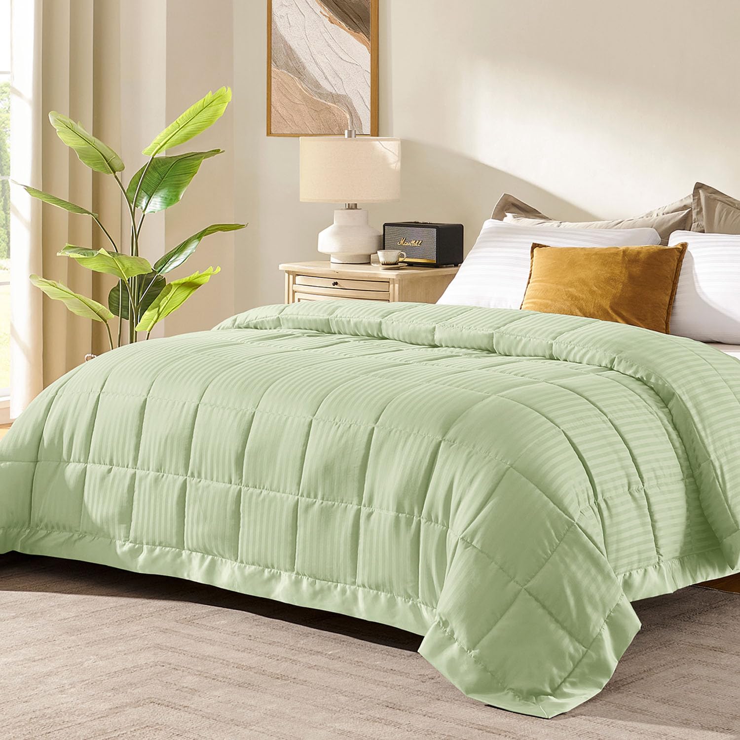 Photo 1 of downluxe Queen Size Blanket with Satin Trim, Lightweight Down Alternative Blankets Queen Size for All Season, Machine Washable (Sage Green, 90x90 Inch)
