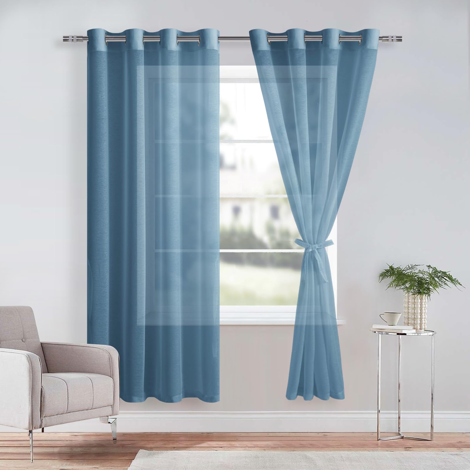 DWCN Blue Sheer Curtains with Tiebacks Semi Transparent Voile Grommet Curtains Elegant Window Curtains for Bedroom and Living Room,2 Panels,W52 x L72