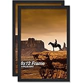 A PLUS MAX 8x12 Picture Frame Set of 2, Black Engineered Wood Frame for 8 x 12 Inch Picture Poster Photo, Light Weight 8 by 12 Frame with Wood-grain for Wall - 2 Pack/Black/8"x12"