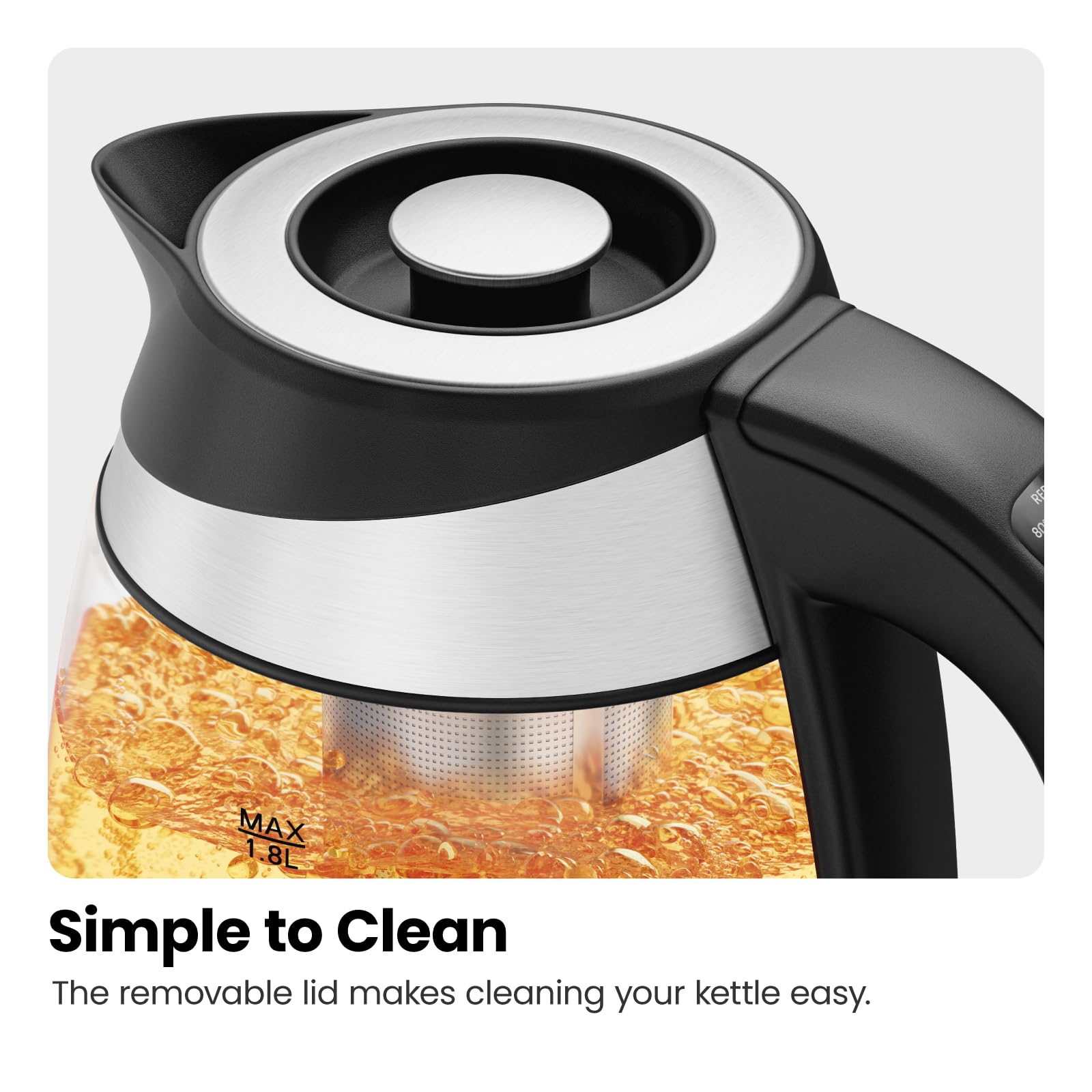 Chefman Electric Kettle with Temperature Control, 5 Presets LED Indicator Lights, Removable Tea Infuser, Glass Tea Kettle & Hot Water Boiler, 360° Swivel Base, BPA Free, Stainless Steel, 1.8 Liters - Image 8