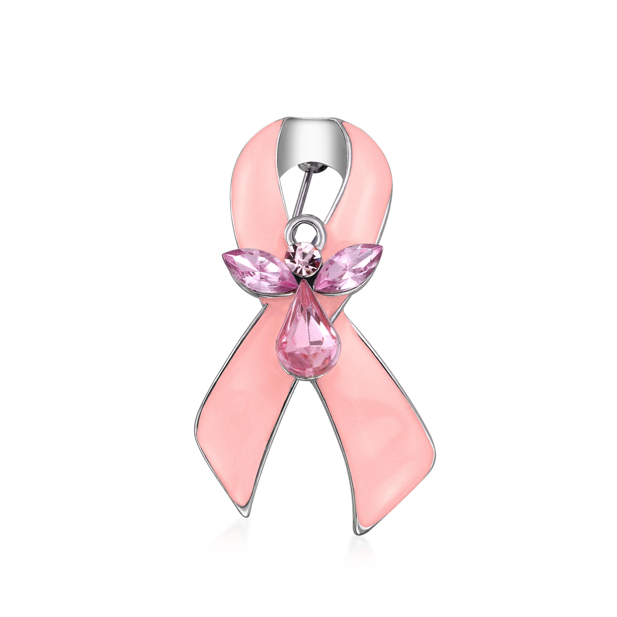 Empowerment Protective Guardian Angel Crystal f Pink Ribbon Survivor Brooch Pin Awareness For Women Enamel Silver Plated