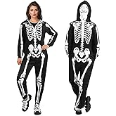 Waipfaru Halloween Skeleton Costume Women-Skeleton Onesie Adult -Front and Back Bone Print with Zip Up Hooded