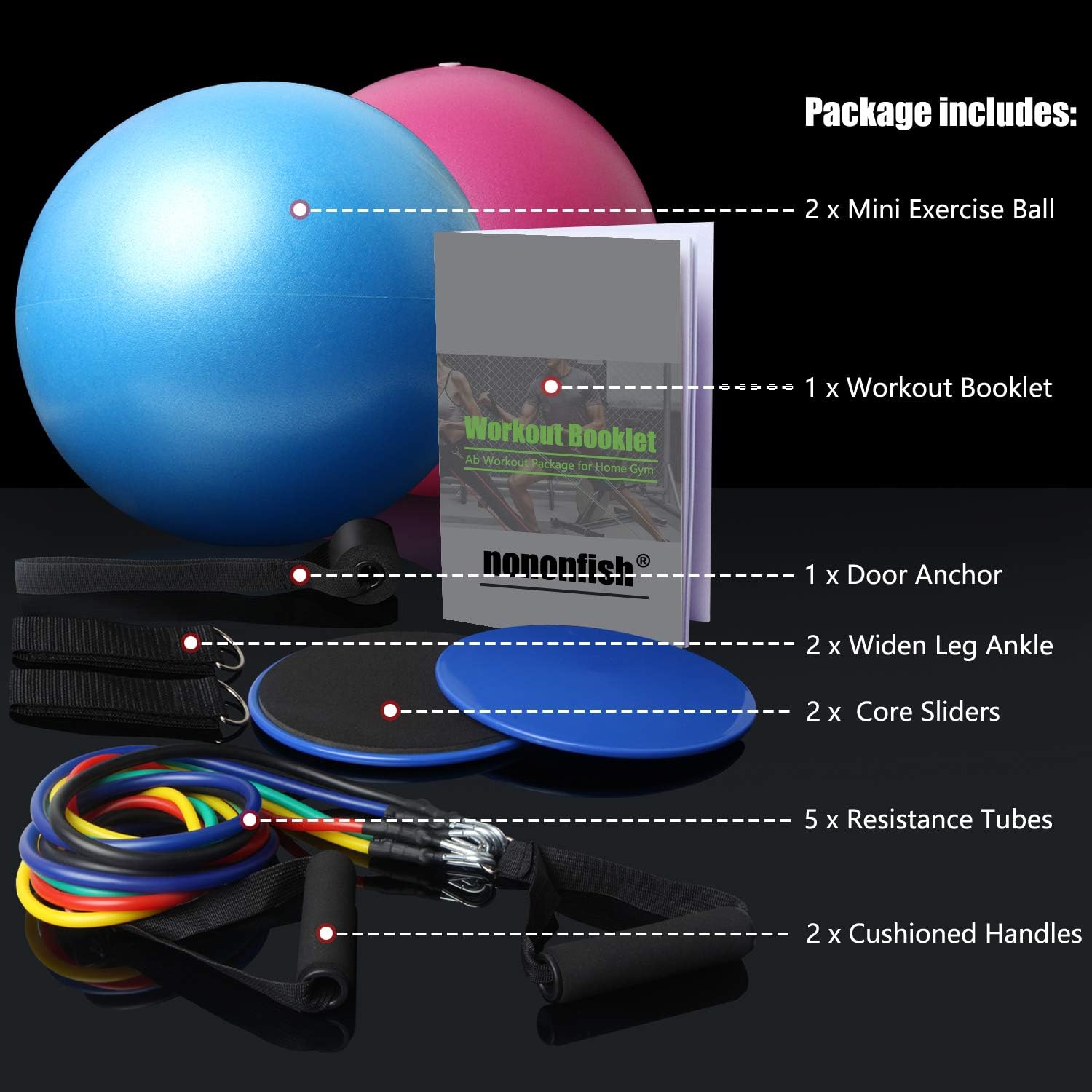nononfish Resistance Bands Set Gym Equipment for Home Including Workout Bands with Handles, Pilates Ball 9 inch, Core Sliders for Ab Workots and Workout Guides Increase Hip & Strength Training : Sports & Outdoors