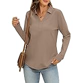 EasyGala Womens Cotton Long Sleeve Polo Shirts Casual V Neck Collared Tops Loose Fit Work Blouses Spring Outfits 2026