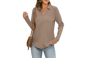 EasyGala Womens Cotton Long Sleeve Polo Shirts Business Casual V Neck Collared Tops Loose Fit Work Blouses Fall Outfits 2025