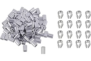 Eowpower 100 Pieces 1/8 inch Wire Rope Aluminum Sleeves Cable Crimps and 16 Pcs M3 Stainless Steel Thimbles