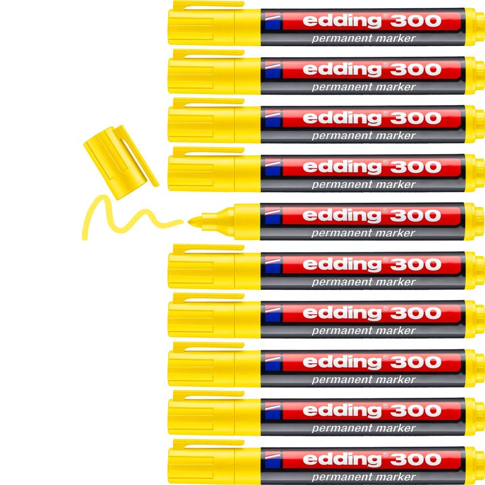 edding 300 permanent marker - yellow - 10 pens - round tip 1.5-3 mm - waterproof, quick-drying, smear-proof pens - for cardboard, plastic, glass, wood, metal and fabric