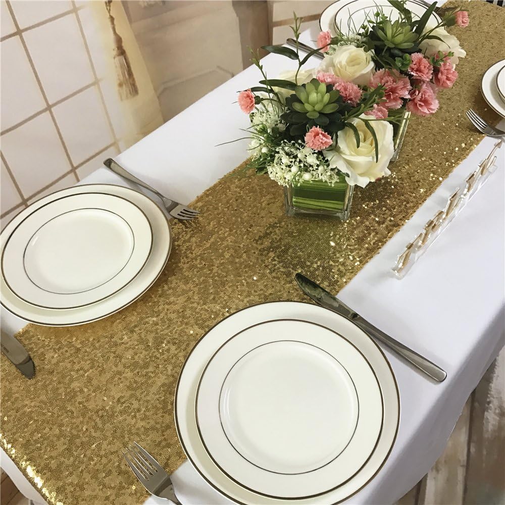 TRLYC 12 by 108-Inch Elegant Rectangle Gold Sequin Wedding Table Runner Gold Glitz Table Linens: Home & Kitchen
