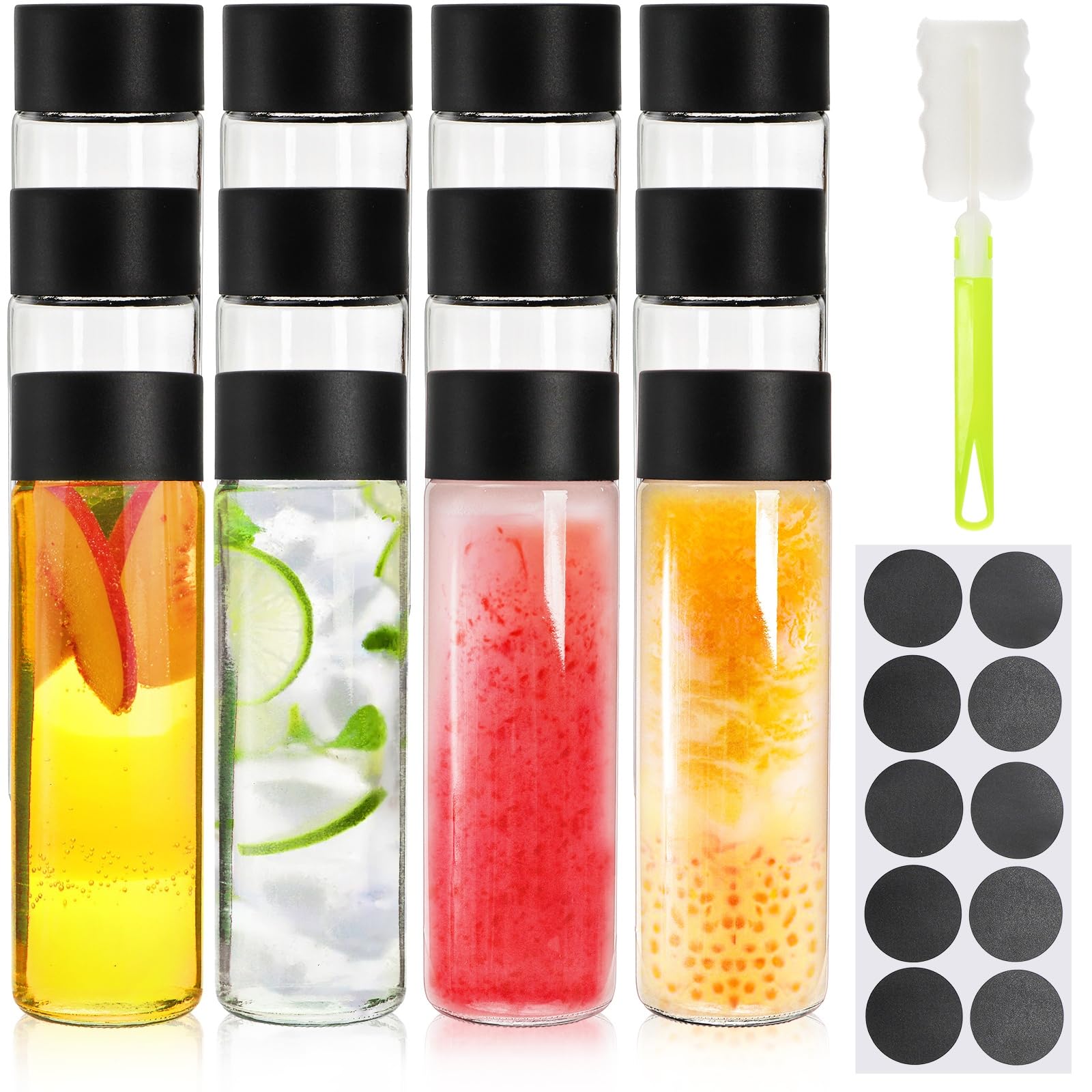 Photo 1 of Pumtus 12 Pack Glass Bottles with Lid, 12 OZ Reusable Glass Juice Bottle, 350ml Leakproof Water Beverage Container, Drink Jars for Tea Milk (Labels & Sponge Brush Included)