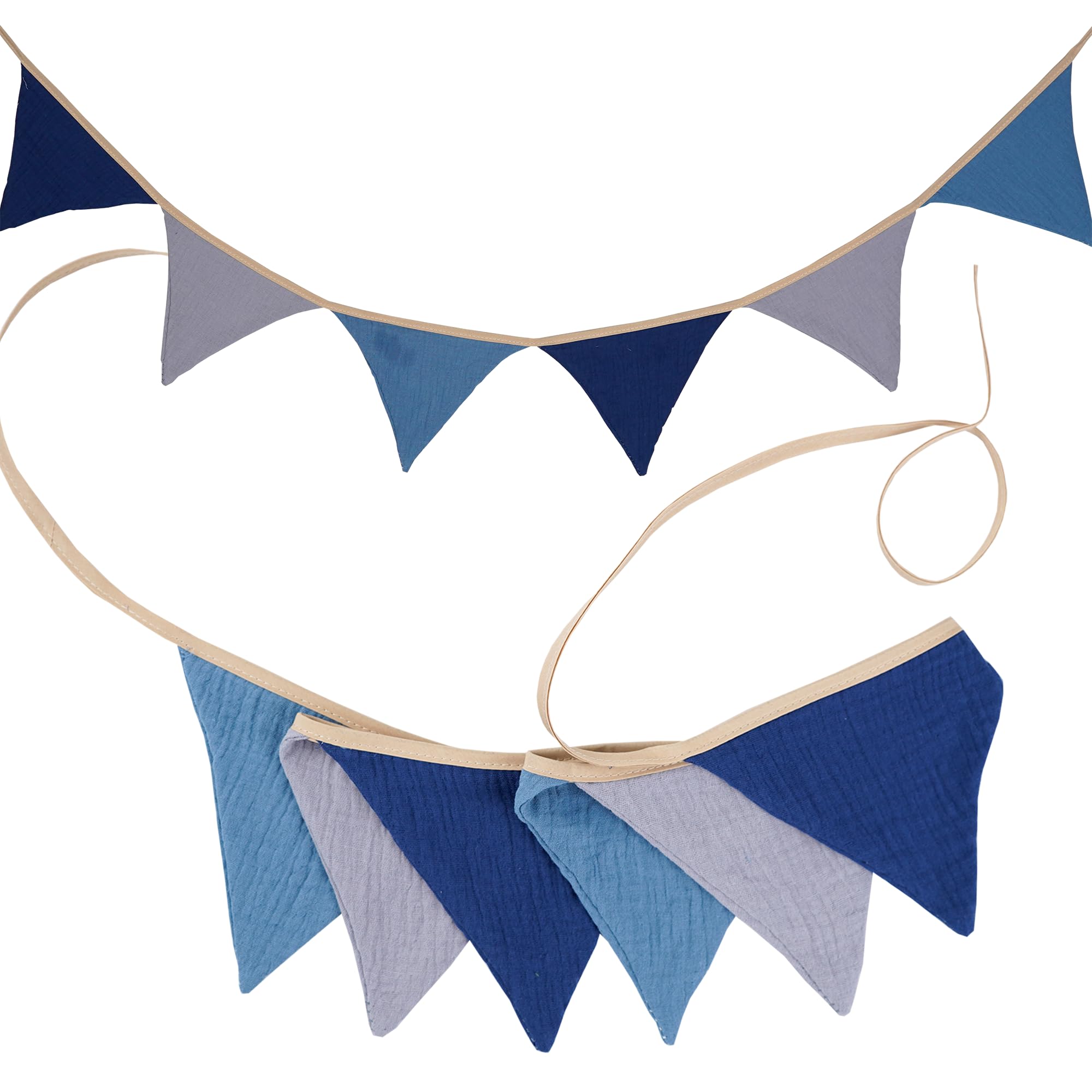 G2PLUS Muslin Fabric Bunting for Nursery: 6PCS Double Side Cloth Triangle Banner, Blue and Grey Cotton Bunting Banner for Baby Room, Nursery, Baby Shower Decor, 1.9m