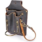 Leather 5 in 1 Tool Belt Pouch Holster w/Thong &amp; Clip for Electrician EDC | 3 pockets + Hammer Loop+Electrical Tape Thong,Fit Belts up to 2.7" ,For Carpenters, Plumbers, Mechanics, DIY, Vertical Carry