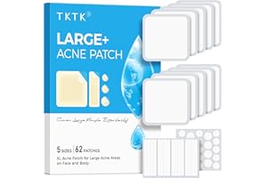 TKTK Large Pimple Patches, 60 mm XL Acne Patches, Big Hydrocolloid Bandages for Body, Face, Forehead, Chin, Neck Zit Breakouts, Hydrocolloid Patch (Square, Strip, Dot 5 Sizes 62 Count)